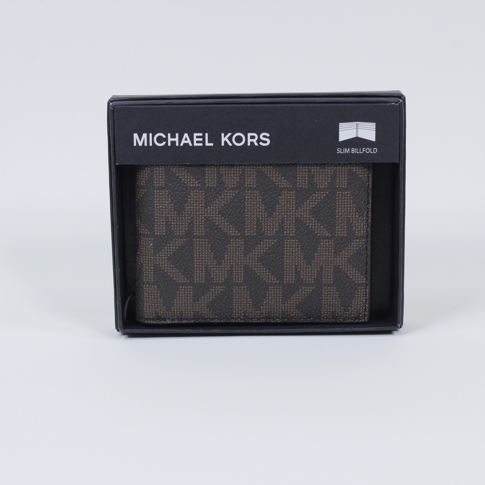 Michael Kors Men's Slim Billfold Wallet Brown Signature Logo Print NIB Genuine